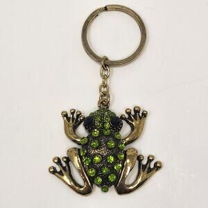 Frog Gold Tone Green Rhinestone Keychain Charm Bag Accessory Animal Figural